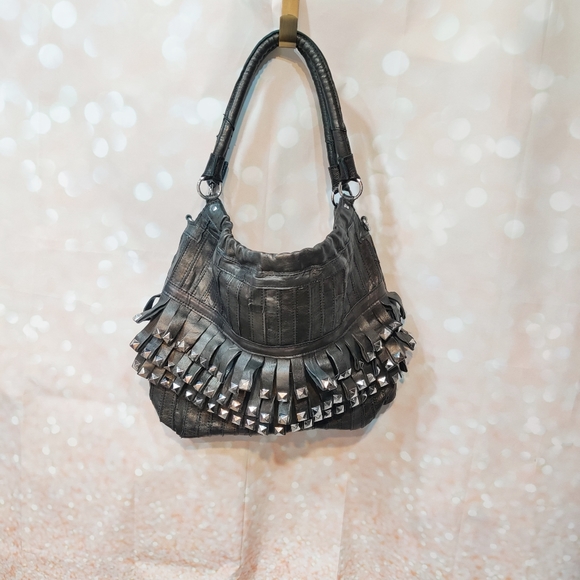 AmeriLeather Handbags - AmeriLeather Fringe Studded Leather Patchwork Hobo